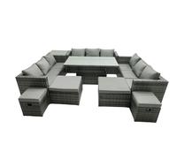 Fimous Rattan Dining Table Sofa Set With Side Table 4 Stools Outdoor 13 Seat Garden Furniture Set Dark Grey Mixed