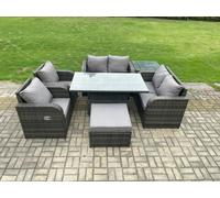 Fimous Rattan Furniture Outdoor Garden Dining Set Patio Height Adjustable Rising lifting Table Love Sofa Chair With Side Table Big Footstool