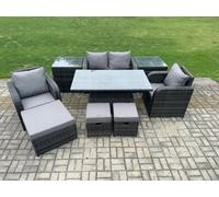 Fimous Rattan Furniture Outdoor Garden Dining Set Patio Height Adjustable Rising Lifting Table Love Sofa With Side Tables