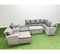 Fimous Rattan Garden Furniture Set 9 Pieces Outdoor Garden Sofa Oblong Coffee Table Set with 2 Chairs 4 Footstools Light Grey Mixed