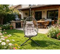 Fimous Rattan Garden Foldable Single Hanging Egg Chair Indoor Outdoor Patio Furniture With Grey Cushion