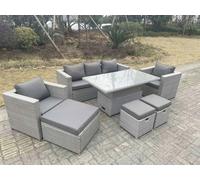 Fimous Rattan Garden Funiture Set Adjustable Rising Lifting Table Lounge Sofa Dining Set 2 Chairs Big And Small Footstool