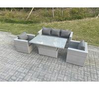 Fimous Rattan Garden Funiture Set Height Adjustable Rising Lifting Table Sofa Dining Set With 2 Arm Chair