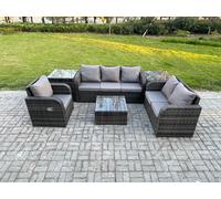 Fimous Rattan Garden Furniture 6 Piece Patio Set With Table Sofa Square Coffee Table Reclining Chair Loveseat sofa 2 Side Tables Dark Grey