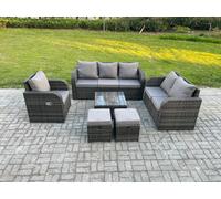 Fimous Rattan Garden Furniture 6 Piece Patio Set With Table Sofa Square Coffee Table Reclining Chair Love seat sofa 2 Small Footstools in Dark Grey Fimous Dark Grey