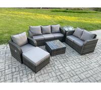 Fimous Rattan Garden Furniture 6 Piece Patio Set With Table Sofa Square Coffee Table Reclining Chair Loveseat sofa Big Footstool in Dark Grey Fimous Dark Grey
