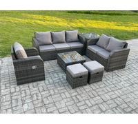 Fimous Rattan Garden Furniture 7 Piece Patio Set With Reclining Chair Love seat sofa Side Table 2 Small Footstools