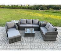 Fimous Rattan Garden Furniture 7 Piece Patio Set With Table Sofa Square Coffee Table Reclining Chair Love seat sofa 2 Side Tables in Dark Grey Fimous Dark Grey