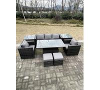 Fimous Rattan Garden Furniture Adjustable Rising Lifting Dining Table Sofa Set Chairs 2 Side Coffee Tables with 2 Stools in Dark Grey Fimous Dark Grey