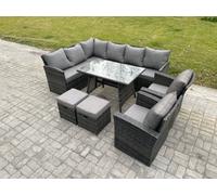 Fimous Rattan Garden Furniture Corner Sofa Set with Oblong Dining Table 2 Small Footstools 2 Armchairs Outdoor Wicker Rattan Set Dark Grey Mixed