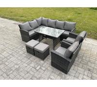 Fimous Rattan Garden Furniture Corner Sofa Set With Oblong Dining Table 2 Small Footstools 2 Armchairs