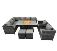 Fimous Rattan Garden Furniture Dining Set 10 seater Gas Fire Pit Dining Table Corner Sofa Set with 2 Small Stool Dark Grey Mixed
