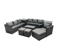 Fimous Rattan Garden Furniture Dining Set 10-Seater Patio Coffee Table Sofa Set With 3 Stools 2 Side Tables Dark Grey Mixed