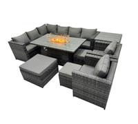 Fimous Rattan Garden Furniture Dining Set 11 seater Gas Firepit Dining Table Corner Sofa Set with 3 Stool Side Table Dark Grey Mixed