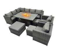 Fimous Rattan Garden Furniture Dining Set 11 seater Gas Firepit Dining Table Corner Sofa Set with 3 Stool Dark Grey Mixed