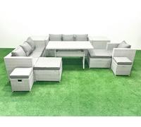 Fimous Rattan Garden Furniture Dining Set 11 Seater Lounge Sofa Chair Dining Table Set 4 Stools 2 Side Tables Light Grey