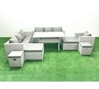 Fimous Rattan Garden Furniture Dining Set 11 Seater Lounge Sofa Chair Dining Table Set with 4 Footstools Side Table Light Grey Mixed