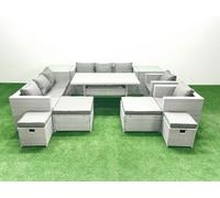 Fimous Rattan Garden Furniture Dining Set 12 Seater Lounge Sofa Chair Dining Table Set with 4 Footstools 2 Side Tables Light Grey Mixed