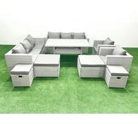 Fimous Rattan Garden Furniture Dining Set 12 Seater Lounge Sofa Chair Dining Table Set 4 Stools Light Grey