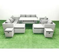 Fimous Rattan Garden Furniture Dining Set 12 Seater Lounge Sofa Chair Dining Table Set 4 Stools Side Table Light Grey