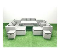 Fimous Rattan Garden Furniture Dining Set 12 Seater Lounge Sofa Chair Dining Table Set with 4 Footstools 2 Side Tables Light Grey Mixed