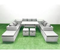 Fimous Rattan Garden Furniture Dining Set 13 Seater Lounge Sofa Dining Table Set 4 Stools 2 Side Tables Light Grey