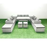 Fimous Rattan Garden Furniture Dining Set 13 Seater Lounge Sofa Dining Table Set with 4 Footstools Light Grey Mixed