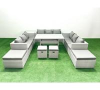 Fimous Rattan Garden Furniture Dining Set 13 Seater Lounge Sofa Dining Table Set with 4 Footstools Side Table Light Grey Mixed