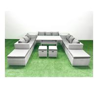 Fimous Rattan Garden Furniture Dining Set 13 Seater Lounge Sofa Dining Table Set 4 Stools 2 Side Tables Light Grey