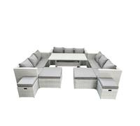 Fimous Rattan Garden Furniture Dining Set 13 Seater Lounge Sofa Dining Table Set with 4 Footstools Light Grey Mixed