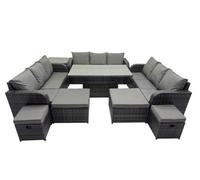 Fimous Rattan Garden Furniture Dining Set 13-Seater Patio Height Adjustable Rising Lifting Table Sofa Set With Side Table