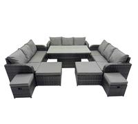 Fimous Rattan Garden Furniture Dining Set 13 seater Patio Height Adjustable Rising Lifting Table Sofa Set with 4 Footstools Dark Grey Mixed