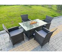 Fimous Rattan Garden Furniture Dining Set 4-seater Patio Rectangular Gas Firepit Table Chairs Outdoor Dark Grey Mixed