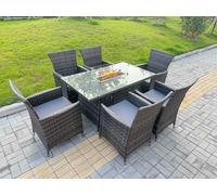 Fimous Rattan Garden Furniture Dining Set 6-seater Patio Rectangular Gas Firepit Table Chairs Outdoor Dark Grey Mixed