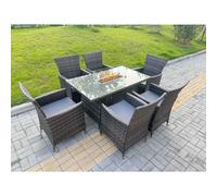 Fimous Rattan Garden Furniture Dining Set 6-seater Patio Rectangular Gas Fire Pit Table Chairs Outdoor Dark Grey Mixed