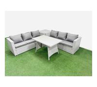 FIMOUS Rattan 6-Seater Patio Set – Rectangular Table, 3-Seater Sofa & Side Table, Light Grey
