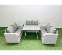 Fimous Rattan Garden Furniture Dining Set 6-seater Patio Rectangular Table Love Sofa Set with 2 Side Tables