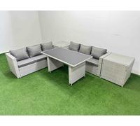 Fimous Rattan Garden Furniture Dining Set 6 seater Patio Rectangular Table Sofa Set with 2 Side Tables Light Grey