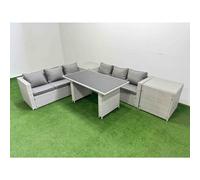 Fimous Rattan Garden Furniture Dining Set 6 seater Patio Rectangular Table Sofa Set with 2 Side Tables Light Grey