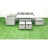 Fimous Rattan Garden Furniture Dining Set 7 Seater Lounge Sofa Chair Dining Table Set with 3 Footstools Side Table Light Grey Mixed