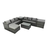 Fimous Rattan Garden Furniture Dining Set 7 seater Patio Coffee Table Sofa Set with 2 Side Tables Big Footstool Dark Grey Mixed