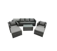 Fimous Rattan Garden Furniture Dining Set 7 seater Patio Coffee Table Sofa Set with Side Table 2 Armchair 2 Big Footstools Dark Grey Mixed