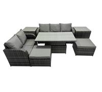 Fimous Rattan Garden Furniture Dining Set 7 seater Patio Height Adjustable Rising Lifting Table Sofa Set with 2 Side Tables Dark Grey Mixed
