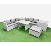 Fimous Rattan Garden Furniture Dining Set 7 seater Patio Rectangular Table 3 Seater Sofa Set with 2 Side Tables Big Stool Light Grey