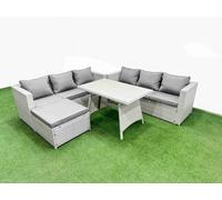 FIMOUS Garden Dining Set - 7-Seater Rectangular Table with 3-Seater Sofa & Big Stool - Light Grey