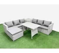Fimous Rattan Garden Furniture Dining Set 7 seater Patio Rectangular Table 3 Seater Sofa Set with Side Table Big Stool Light Grey