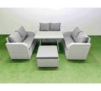 Fimous Rattan Garden Furniture Dining Set 7 seater Patio Rectangular Table Love Sofa Set with Big Stool
