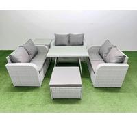 Fimous Rattan Garden Furniture Dining Set 7 seater Patio Rectangular Table Love Sofa Set with Side Table Big Stool