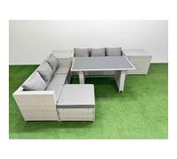 Fimous Rattan Garden Furniture Dining Set 7-Seater Patio Rectangular Table Sofa Set With 2 Side Tables Big Stool Light Grey