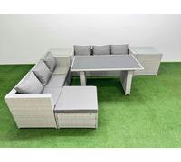 Fimous Rattan Garden Furniture Dining Set 7 seater Patio Rectangular Table Sofa Set with 2 Side Tables Big Stool Light Grey